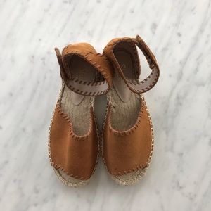 Shelly’s suede tan espadrille with ankle strap